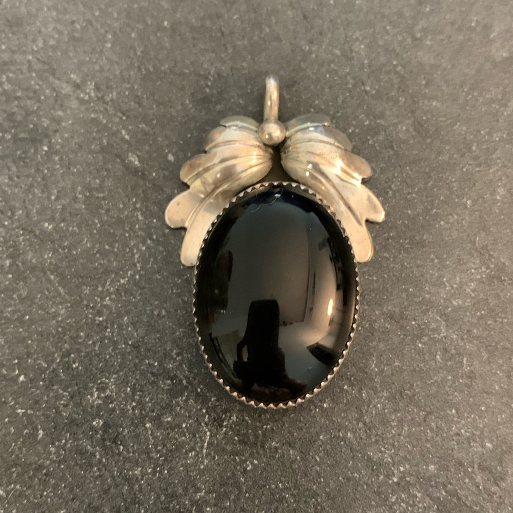 Vintage large Native American, Navajo ornate pendant sterling silver & Onyx